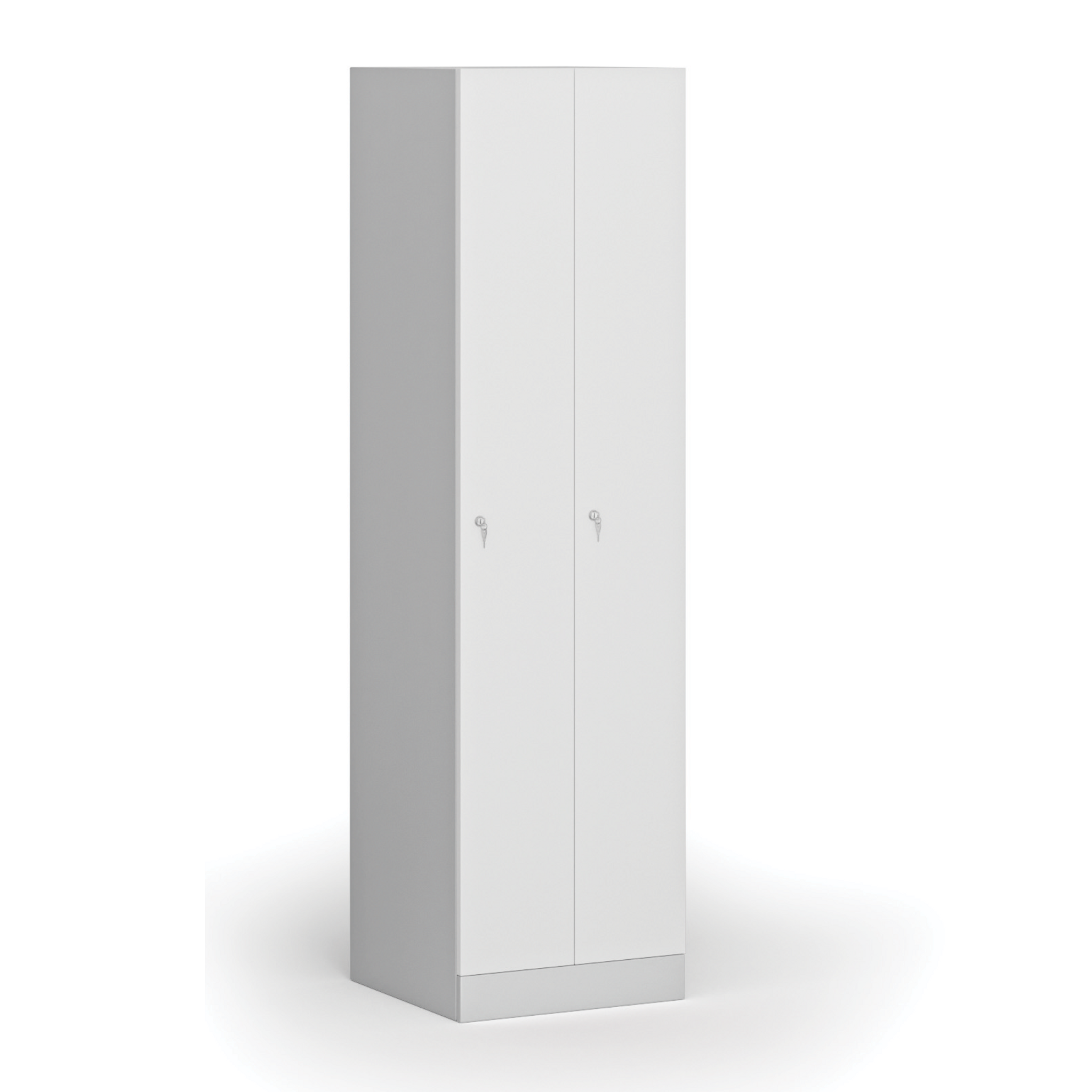 Zúžená kovová šatní skříňka S1, 2 oddíly, 1850 x 500 x 500 mm, demont, cylindrický zámek, laminované dveře, bílá