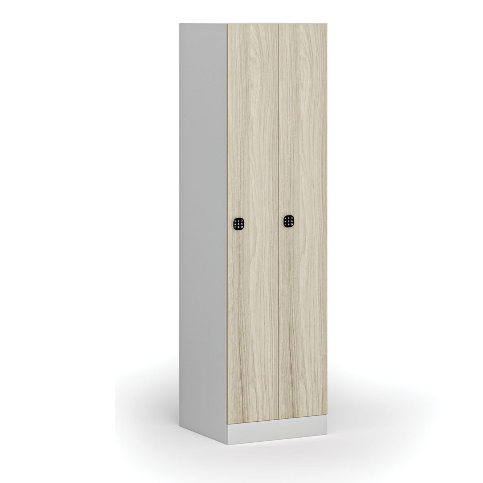 Zúžená kovová šatní skříňka S1, 2 oddíly, 1850 x 500 x 500 mm, demont, kódový zámek, laminované dveře, dub přírodní