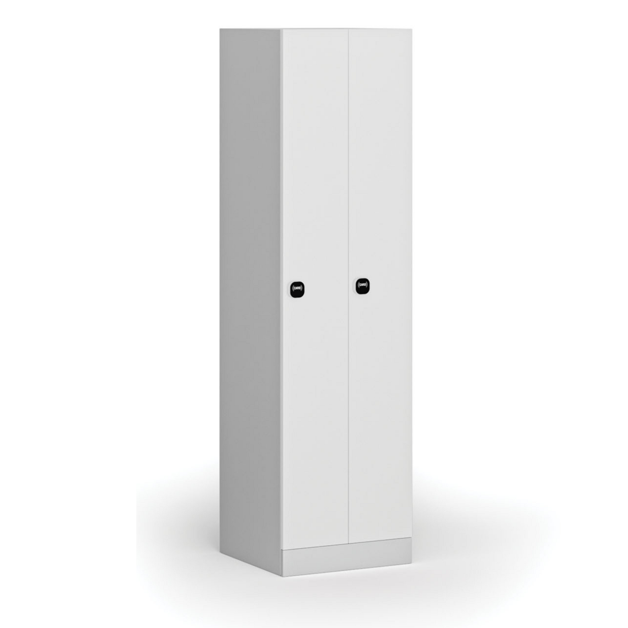 Zúžená kovová šatní skříňka S1, 2 oddíly, 1850 x 500 x 500 mm, demont, RFID zámek, laminované dveře, bílá