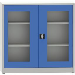 Zváraná policová skriňa s dverami s plexisklom, 1150 x 1200 x 400 mm, sivá/modrá