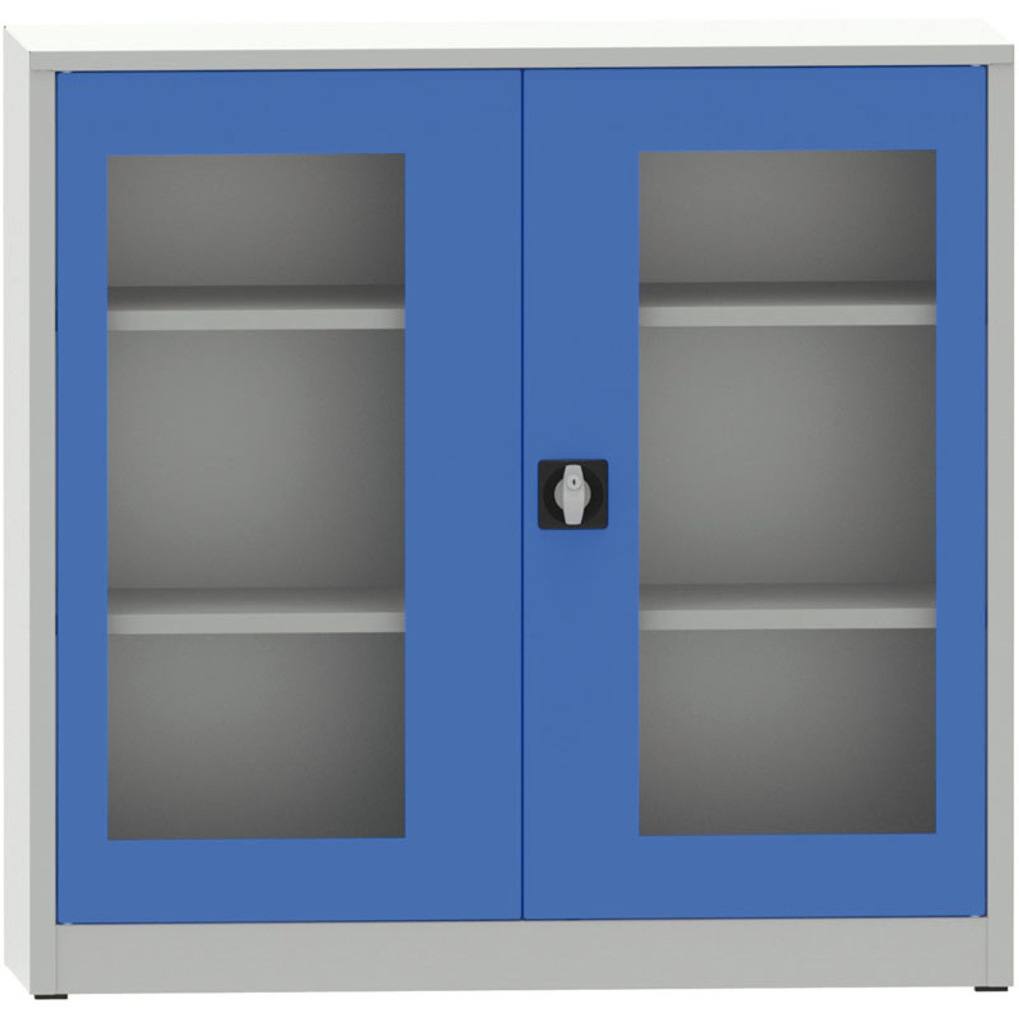 Zváraná policová skriňa s dverami s plexisklom, 1150 x 1200 x 600 mm, sivá/modrá