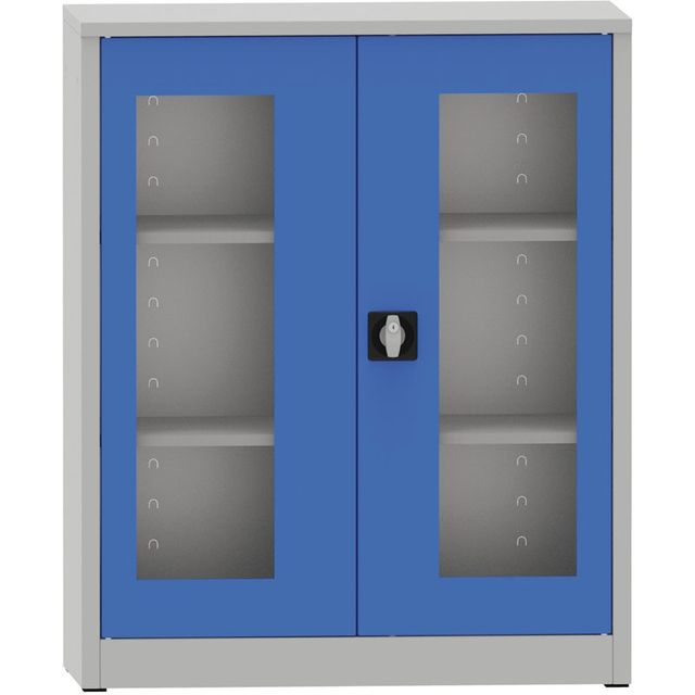 Zváraná policová skriňa s presklenými dverami, 1150 x 950 x 400 mm, sivá/modrá