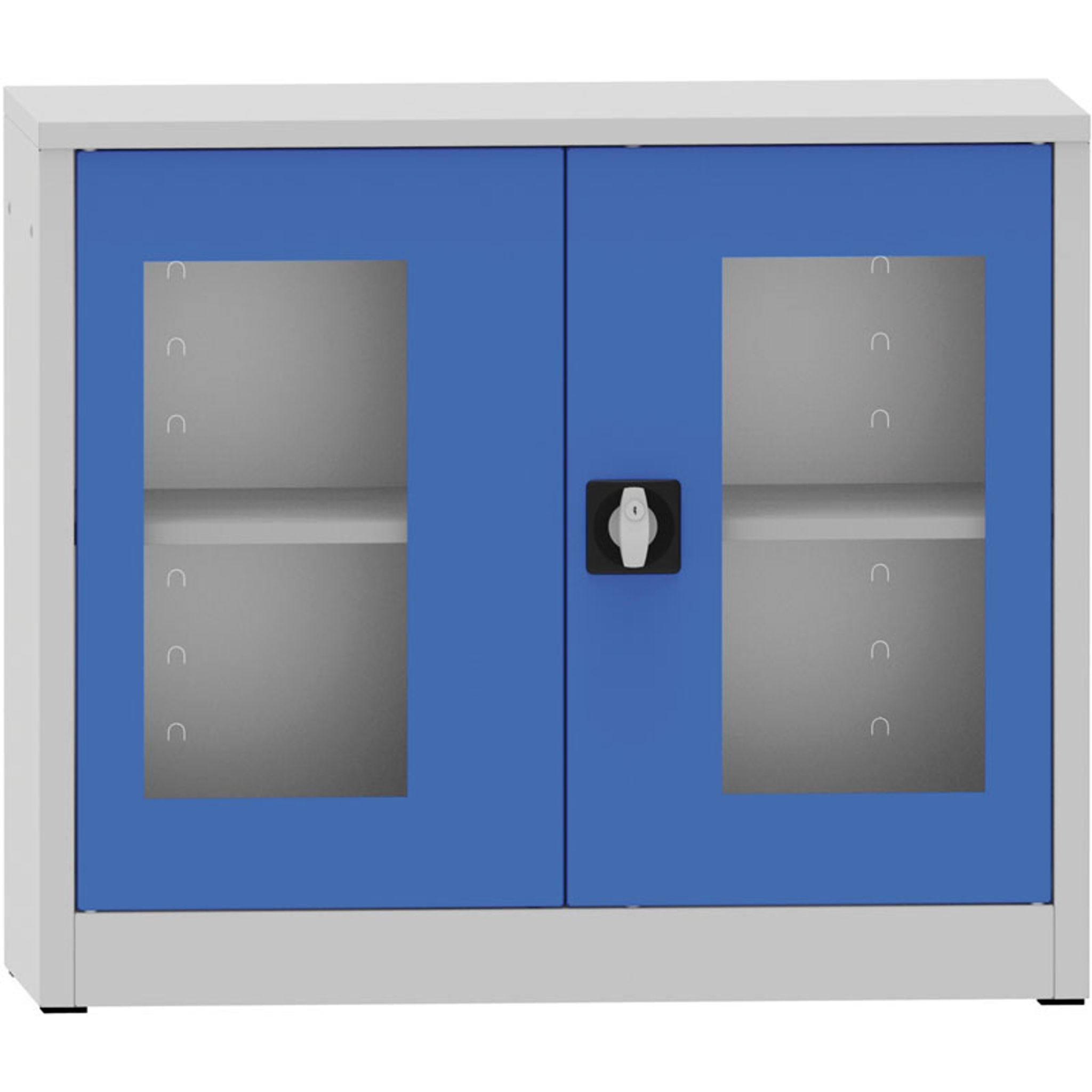 Zváraná policová skriňa s presklenými dverami, 800 x 950 x 400 mm, sivá/modrá